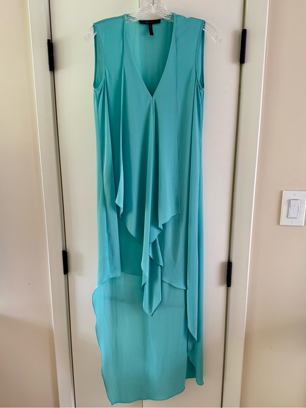 BCBGMaxAzria Sleeveless Teal High-Low Ruffle Gown